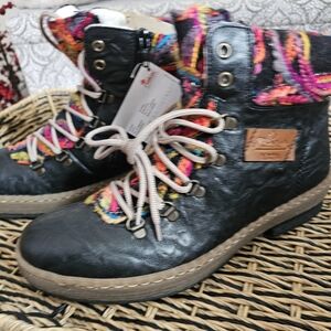 Rieker Black Boots with Colorful Knit Accents